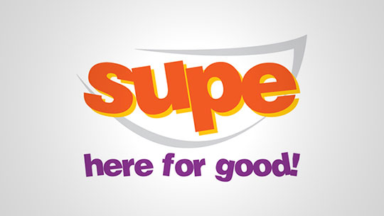 Logo of Supe. Slogan: Soup from Supe, Here for Good!