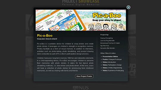 Screenshot of a Lightbox modal window showing the details of Pic-a-Boo, one of the projects showcased in the NM4210 User Experience Design Project Showcase website.